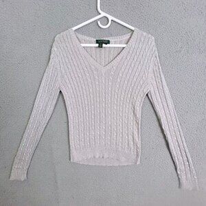 LAUREN RALPH LAUREN WOMENS SILVER METALLIC GRAY GLITTER SWEATER SIZE M